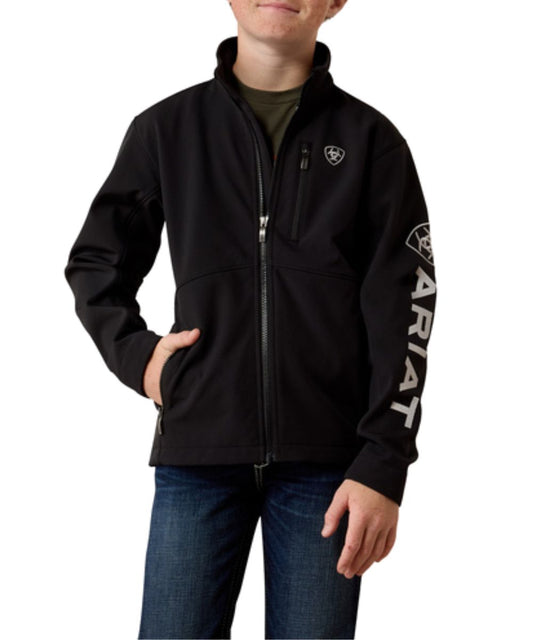 Front view of the boy's Ariat Black Logo Softshell Jacket featuring the zip-up closure, and zippered hand and chest pockets