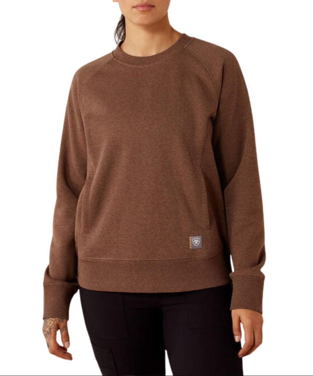 Front view of the women's Ariat Rebar Rain Drum Heather Lightweight Fleece Sweatshirt featuring the crew neckline and water-repellent finish