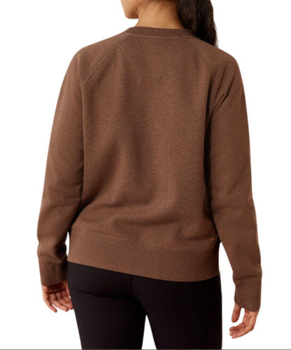 Back view of the women's rebar brown long sleeve crew neck sweatshirt featuring the ribbed collar, cuffs, and hem 