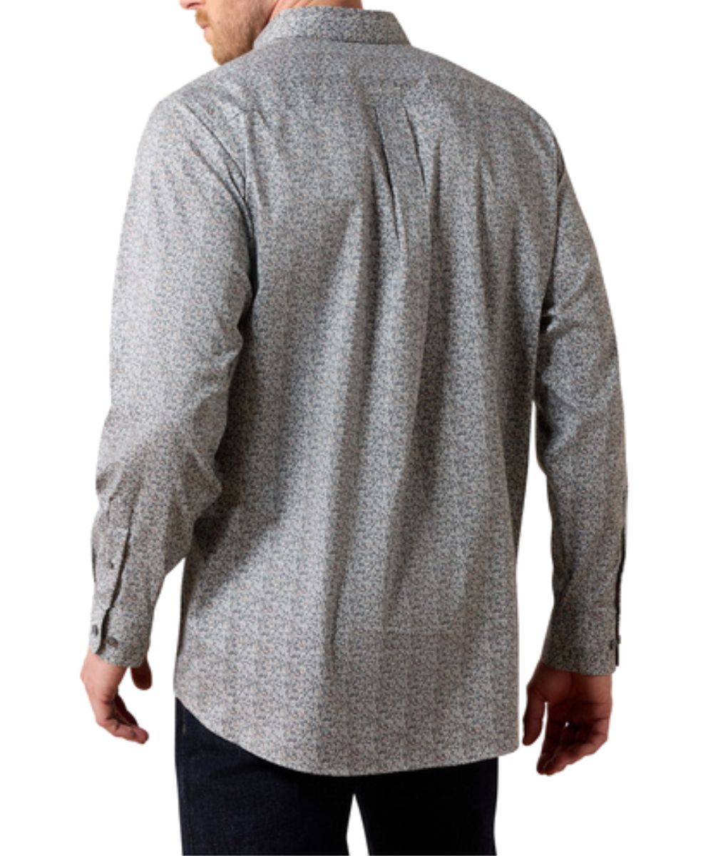 Back view of the men's long sleeve button down shirt featuring the grey vine print and straight back yoke with box pleat