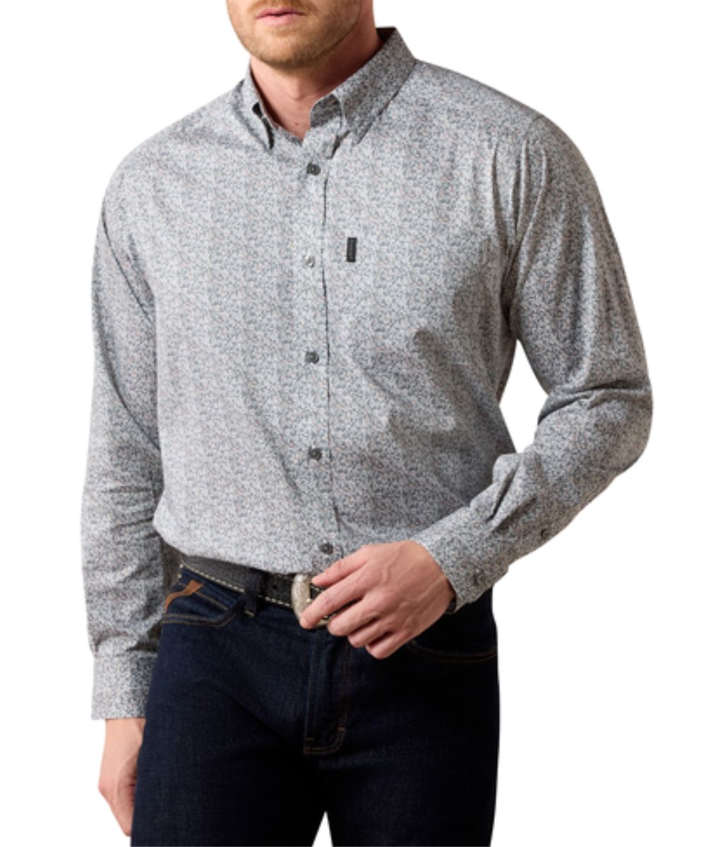 Front view of the men's Ariat Everything Quiet Shade Vine Print Classic Fit Button Down Shirt in grey featuring the extra length in the body and sleeves