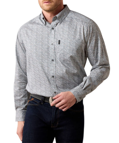 Front view of the men's Ariat Everything Quiet Shade Vine Print Classic Fit Button Down Shirt in grey featuring the extra length in the body and sleeves