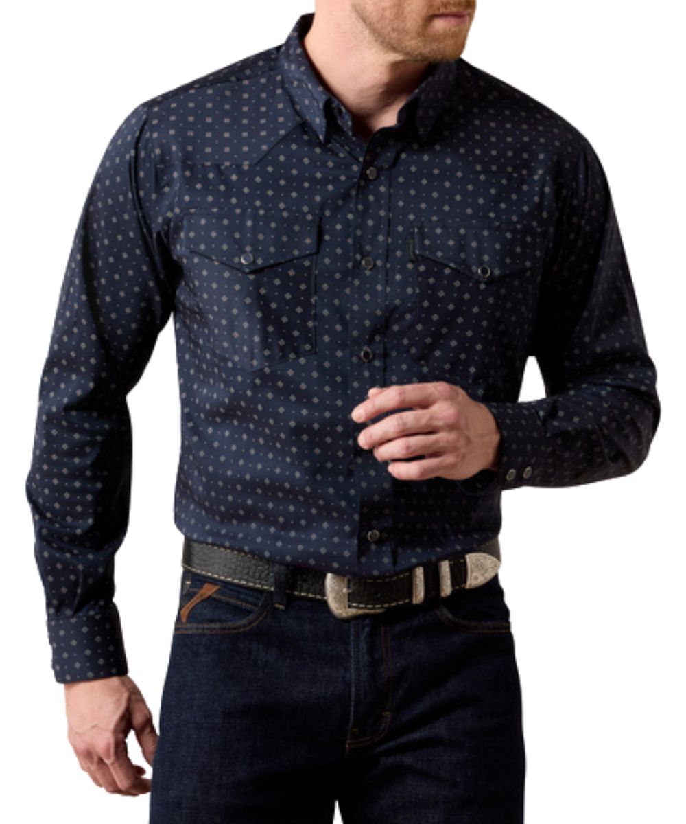 Front view of the men's dark navy Ariat Everything Classic Fit Snap Shirt featuring the night sky geo print and extra length in the body and sleeves