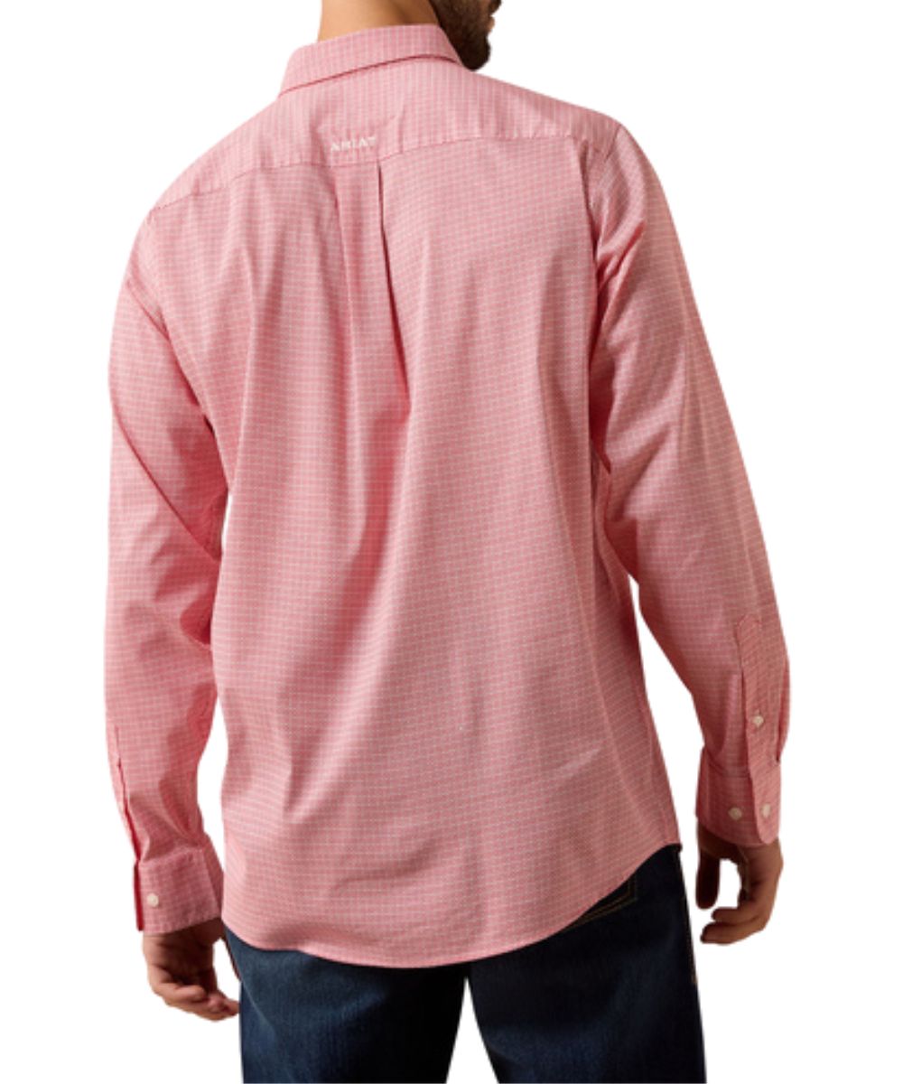 Back view of the men's long sleeve scarlet button down shirt featuring the white geometric print and straight back yoke with box pleat