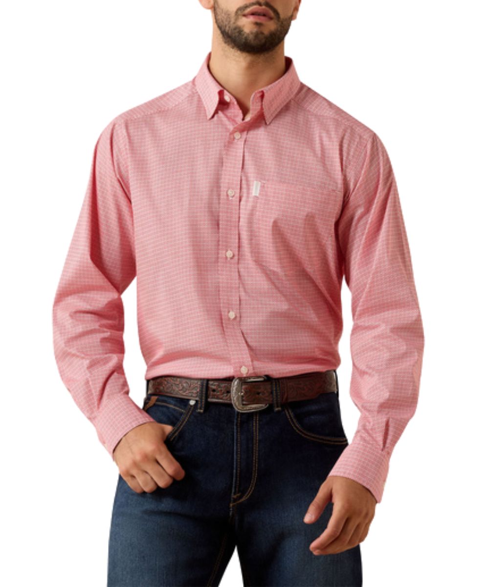 Front view of the men's Ariat Everything Classic Fit White And Scarlet Geo Button Down Shirt featuring the extra length in the arm and sleeves