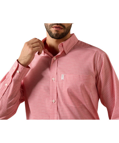 Close-up view of the white geometric print on the men's scarlet shirt featuring the single open chest pocket with hidden pen slot and hidden button down collar