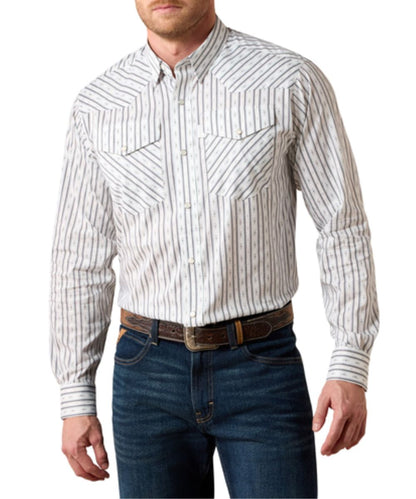 Front view of the men's white Ariat Everything Classic Fit Button Down Shirt featuring the geometric striped print