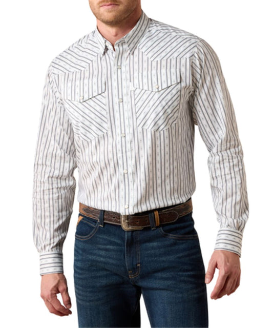 Front view of the men's white Ariat Everything Classic Fit Button Down Shirt featuring the geometric striped print