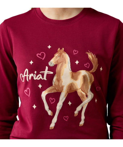 A close-up of a person wearing a dark red long-sleeve shirt with a graphic print of a brown and white horse, pink hearts, white sparkles, and the name 'Ariat' in white script.