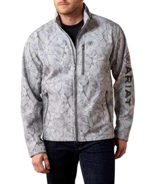 Front view of the men's grey camo logo softshell jacket