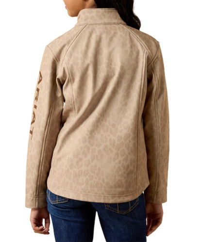 Back view of the girl's leopard print tan softshell jacket featuring the lightweight warmth, and wind and water resistance