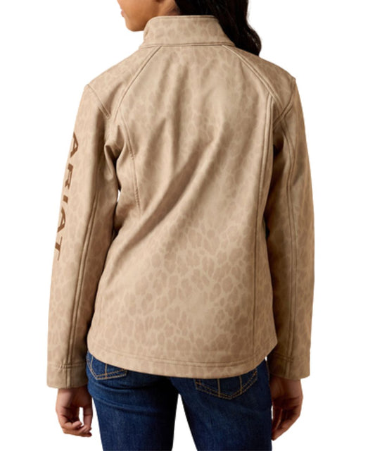 Back view of the girl's leopard print tan softshell jacket featuring the lightweight warmth, and wind and water resistance