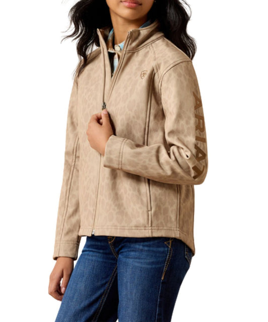 Front view of the girl's Ariat Faded Leopard Print Logo Softshell Jacket featuring the zip-up closure and logo embroidery