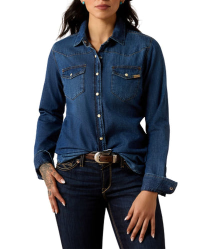 Front view of the women's Ariat Stella Farriday Denim Snap Shirt featuring the chest pockets, pearl snaps, and western yokes