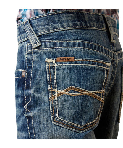 Close-up view of the back pocket featuring the contrast stitching