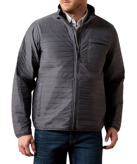 Front view of the men's Ariat Iron Gate Wylie Jacket featuring the hand warming pockets, zip closure, and zippered chest pocket