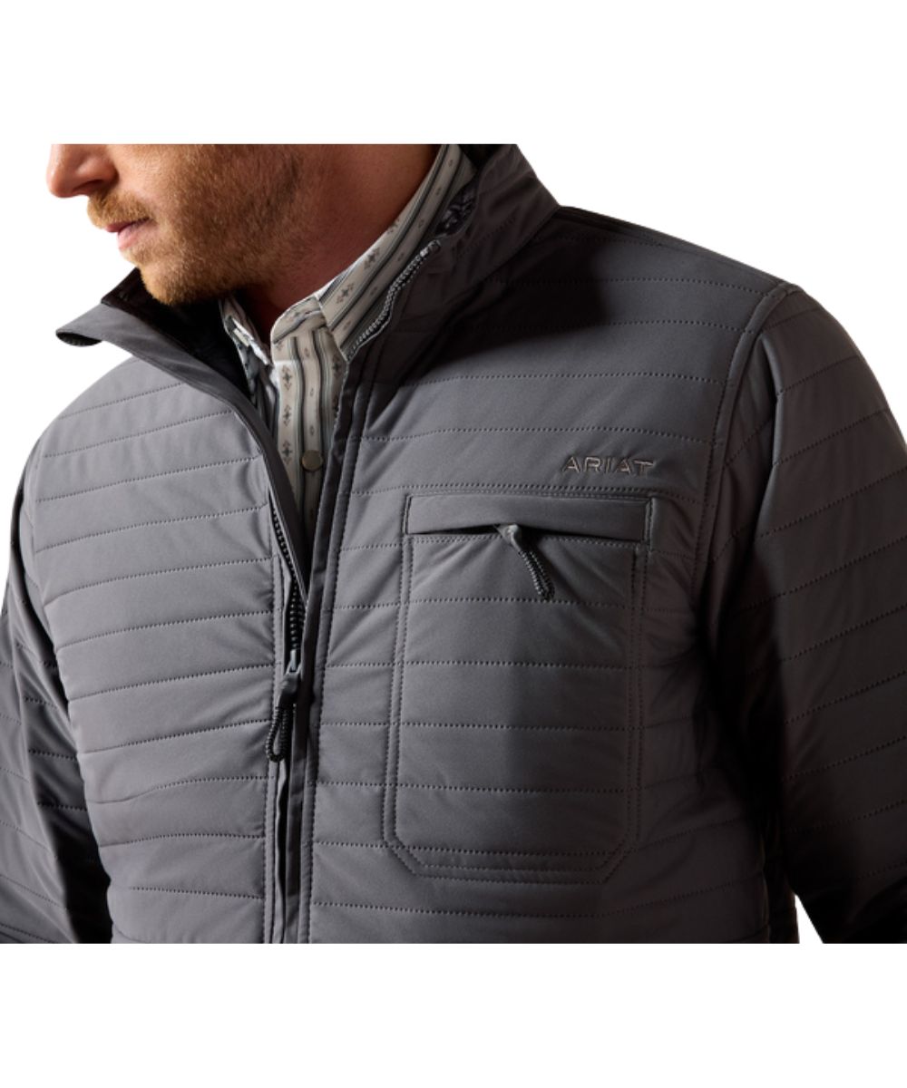 Close-up view of the men's iron gate jacket featuring the mandarin collar, zip closure, and zippered chest pocket