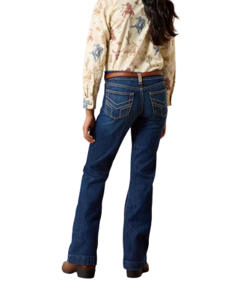 Back view of the girl's trouser jean featuring the dark wash