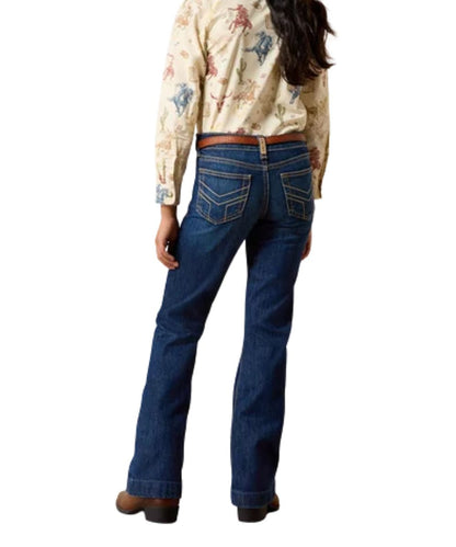 Back view of the girl's trouser jean featuring the dark wash