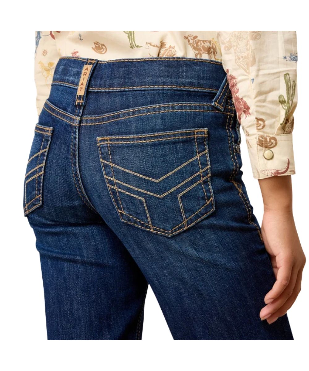 Close-up view of the back pockets featuring the contrast stitched design