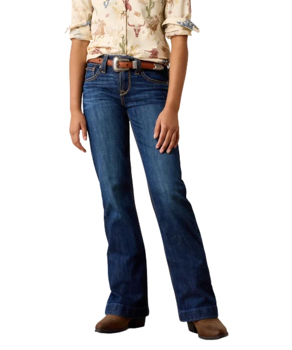 Front view of the girl's Ariat Laney Trouser Jean featuring the mina dark wash