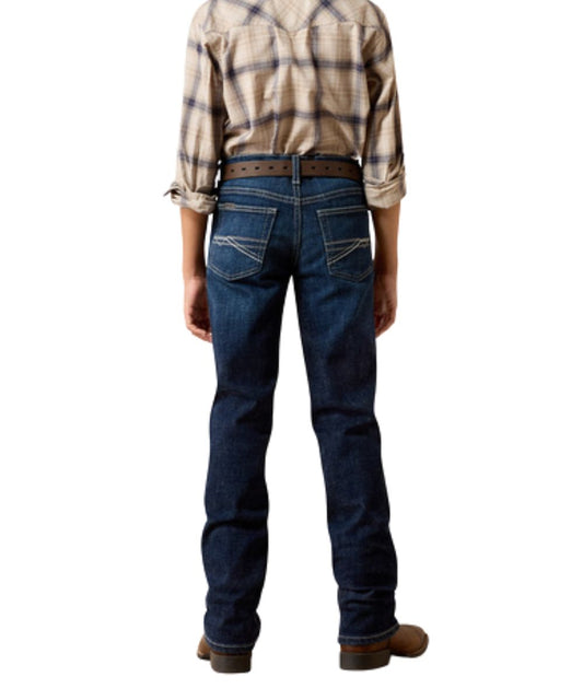 Back view of the boy's slim fit mid rise dark wash straight jean