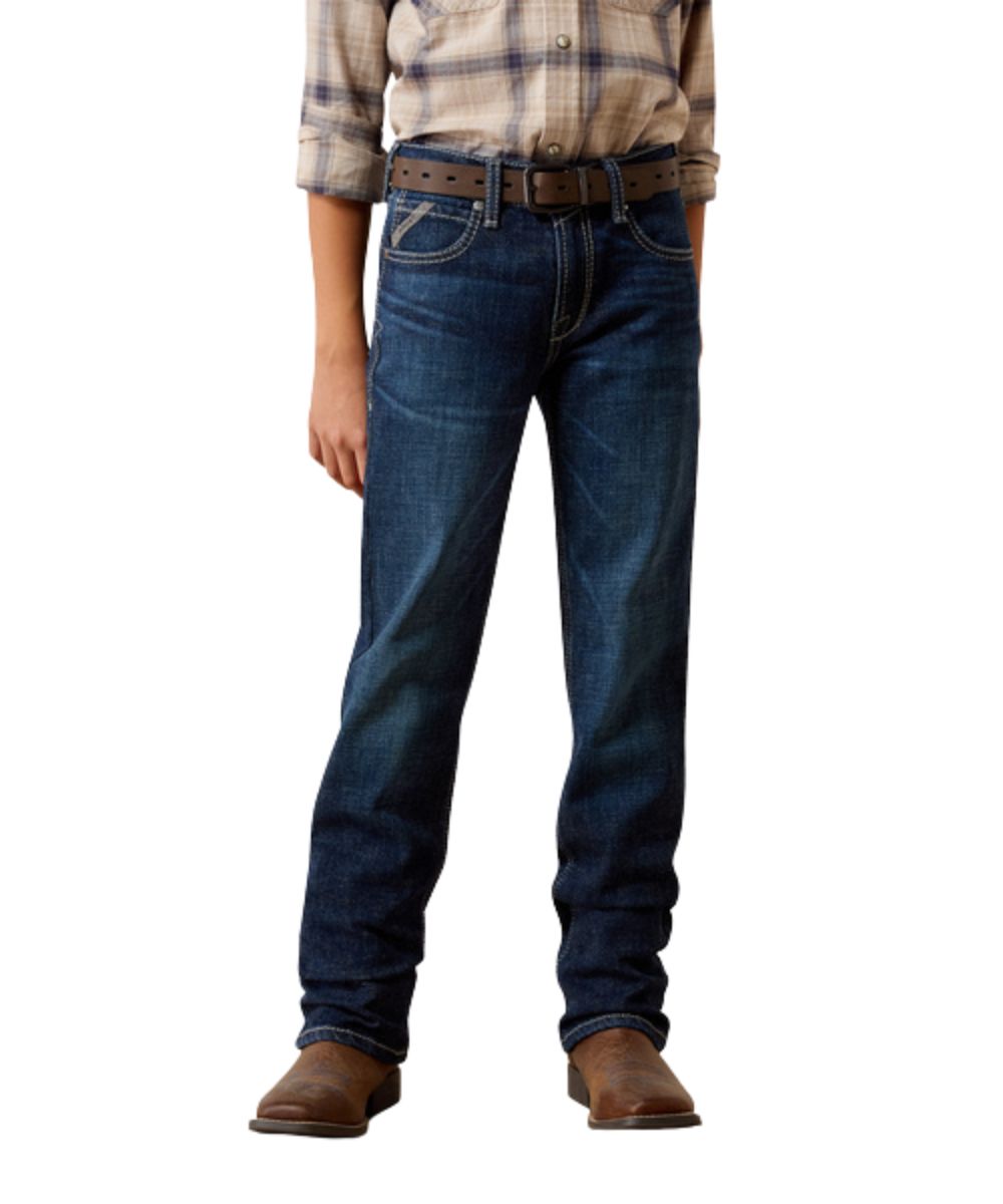 Front view of the boy's Ariat B5 Slim Ryler Straight Leg Jean in a pima dark wash