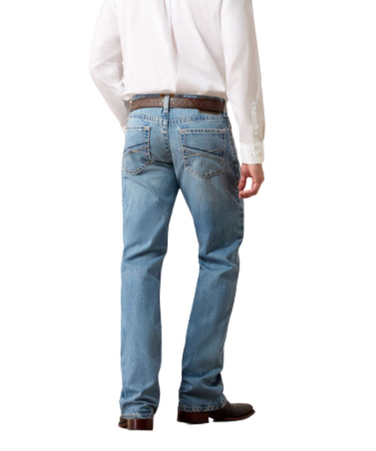 Back view of the men's light wash boot cut jean featuring the relaxed fit, mid rise, and non-stretch cotton construction