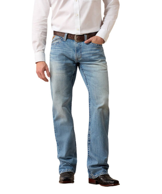 Front view of the men's m4 relaxed jack boot cut jean featuring the toby light wash
