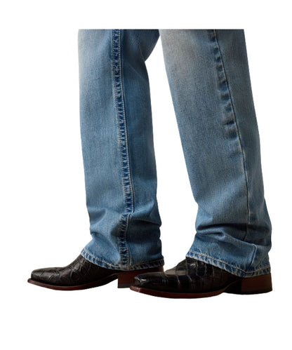 Leg view of the classic stackable boot cut leg in the light wash m4 men's relaxed jean