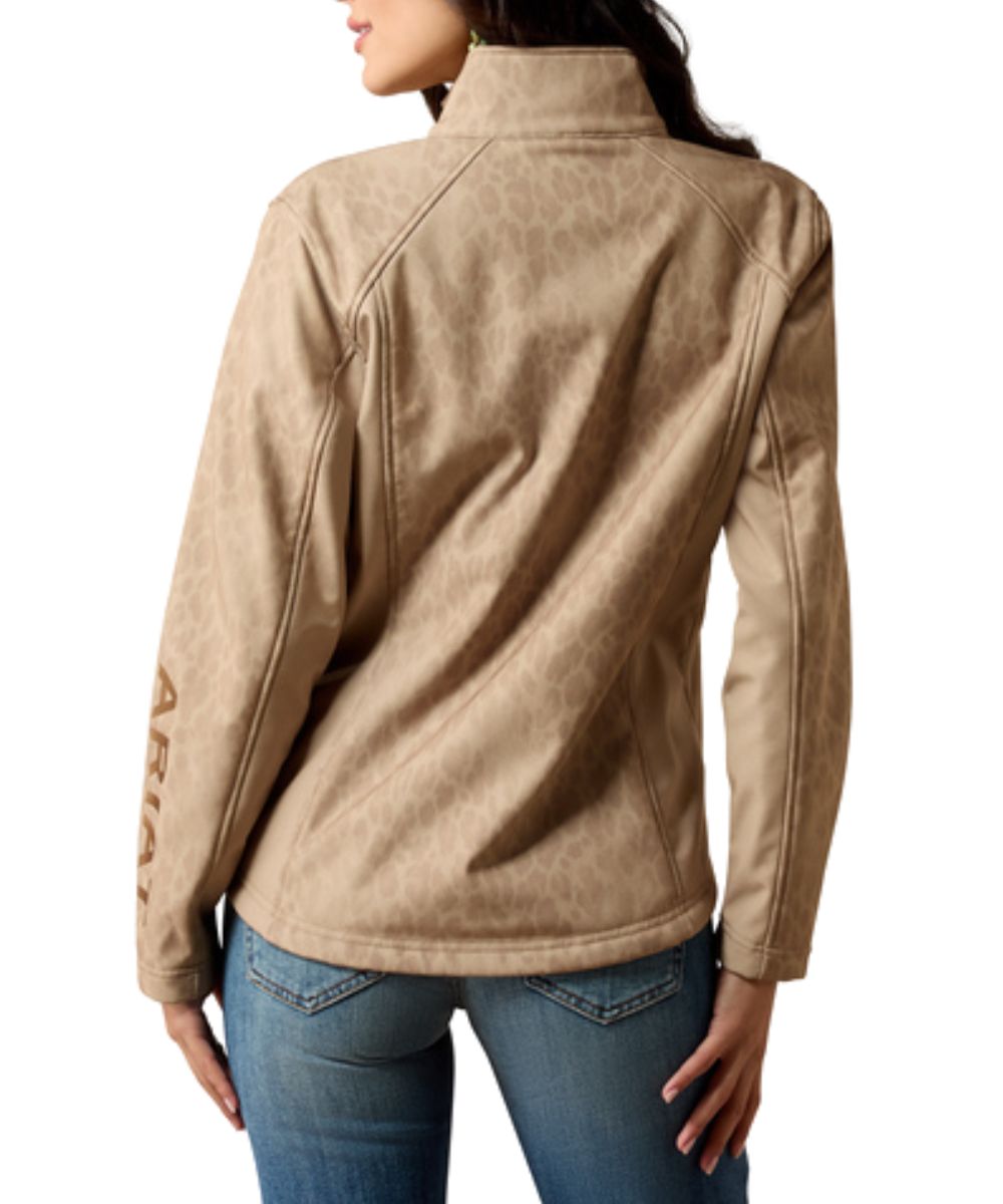 Back view of the women's faded leopard printed softshell jacket in tan featuring the mandarin collar