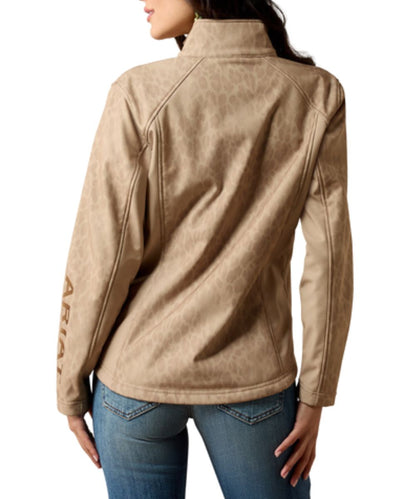 Back view of the women's faded leopard printed softshell jacket in tan featuring the mandarin collar