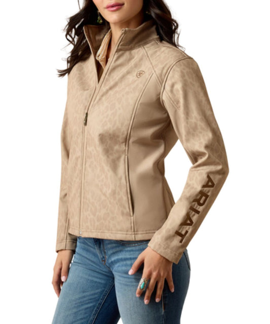 Front view of the women's Ariat Logo Softshell Faded Leopard Print Jacket in tan featuring the zip closure and logo embroidery on the sleeve and chest