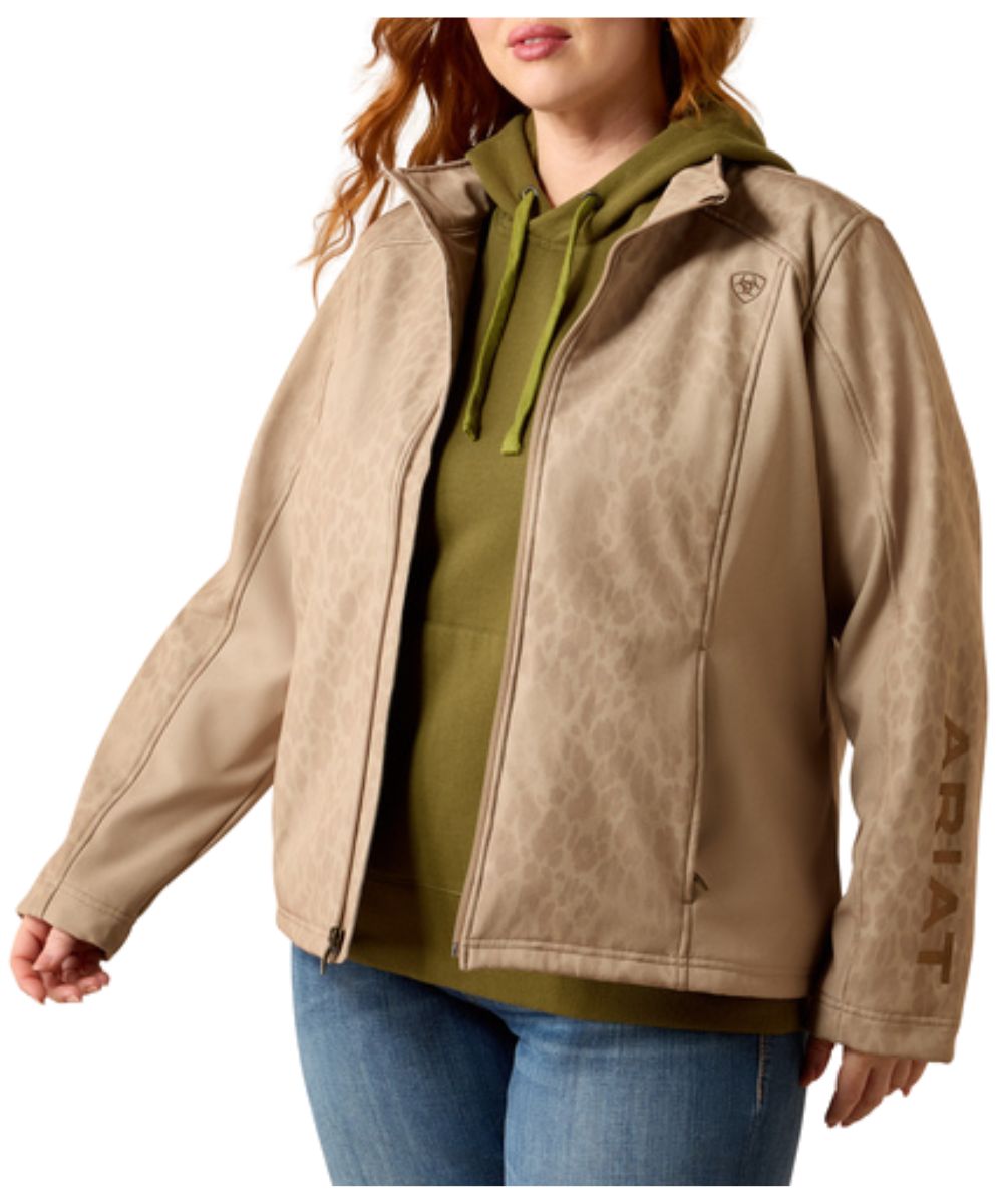 Plus size model view of the women's faded leopard softshell jacket featuring the wind and water resistance