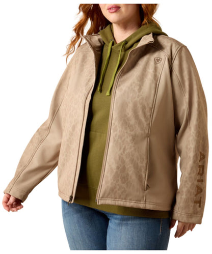 Plus size model view of the women's faded leopard softshell jacket featuring the wind and water resistance