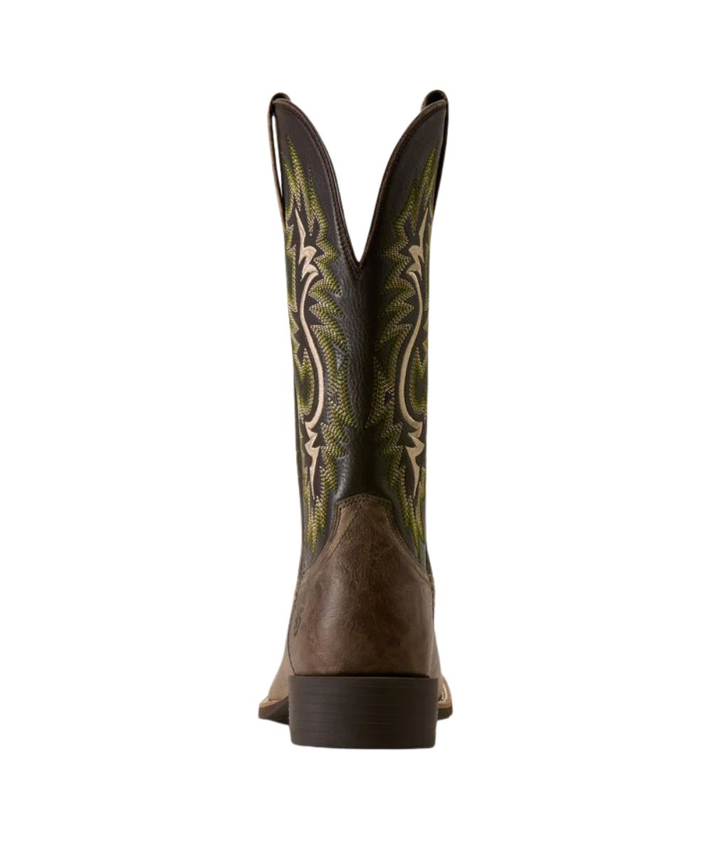 A single brown leather cowboy boot shown from the back, featuring a dark brown shaft with light tan and olive green embroidered western patterns and a dark brown square toe.