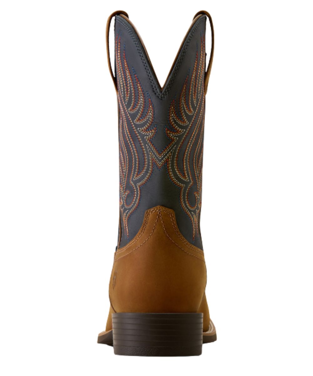 Heel view of the 1.5" horseman heel on the men's tanbark sport riggs cowboy boot