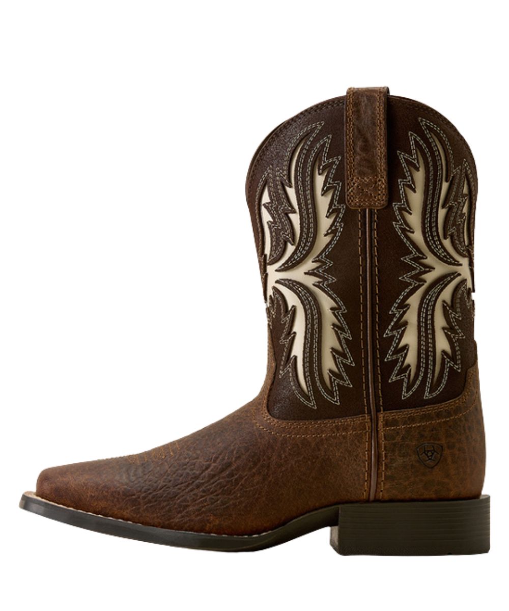 Left side view of the earth brown youth western boot featuring leather pull tabs for an easy on