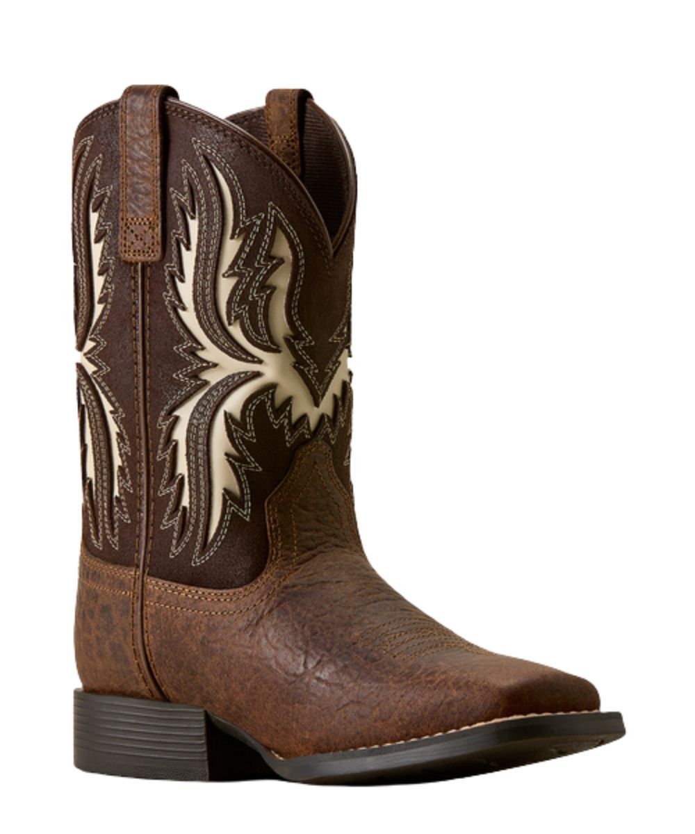 Right angled view of the 8.5" unisex youth western boot featuring white underlay detailing on the shaft