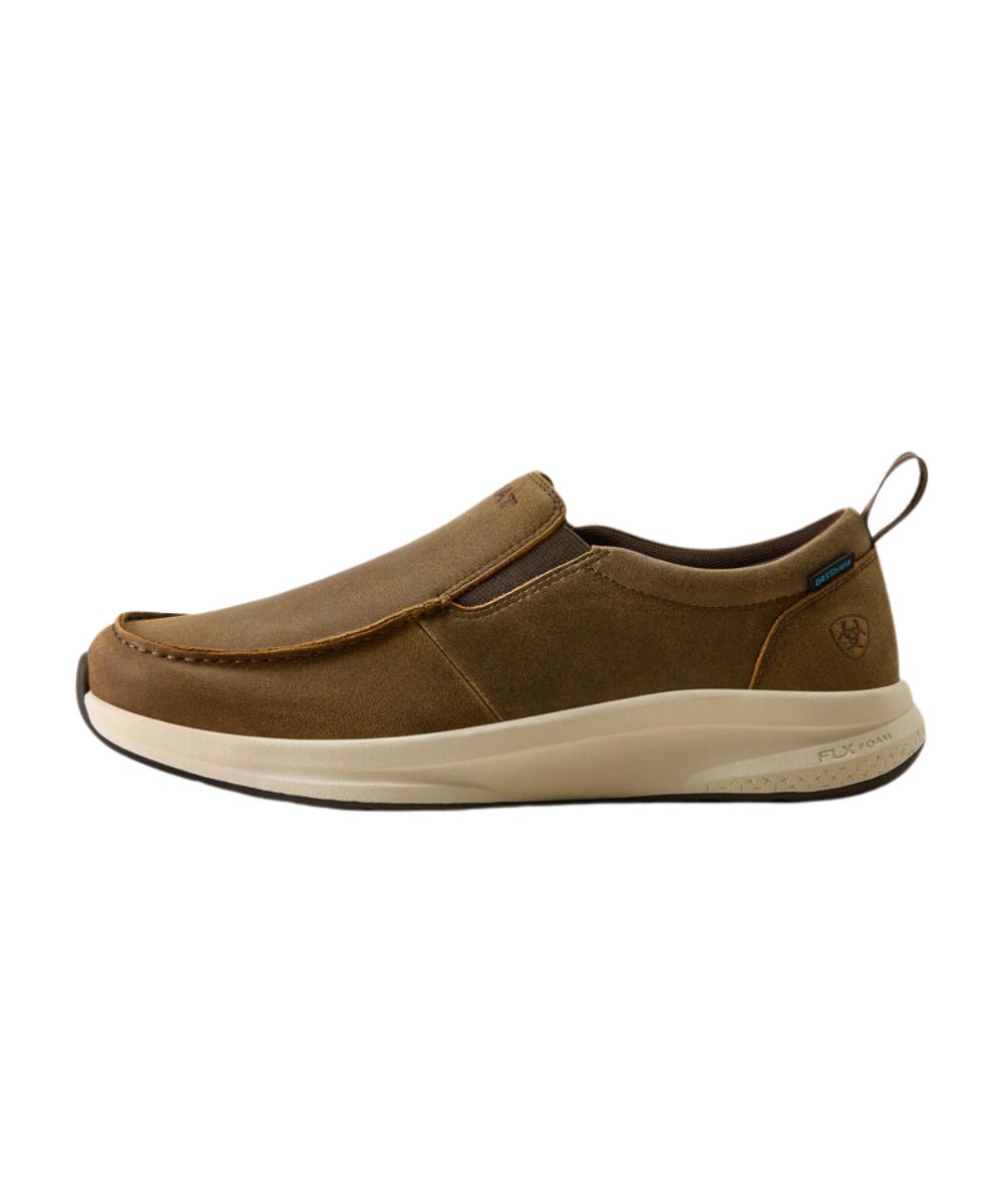 A single brown slip-on shoe with a thick beige and white sole, shown in profile against a plain white background.