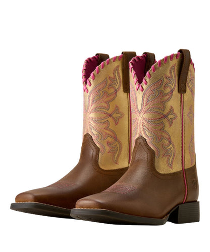 Pair view of the girl's leather western boot featuring a georgia clay brown vamp, royal gold shaft, and pink accents