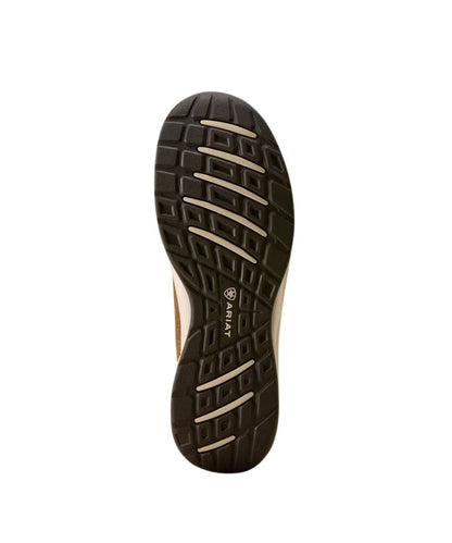 The sole of a shoe with a brown outsole that says 'ARIAT' shown against a plain white background.