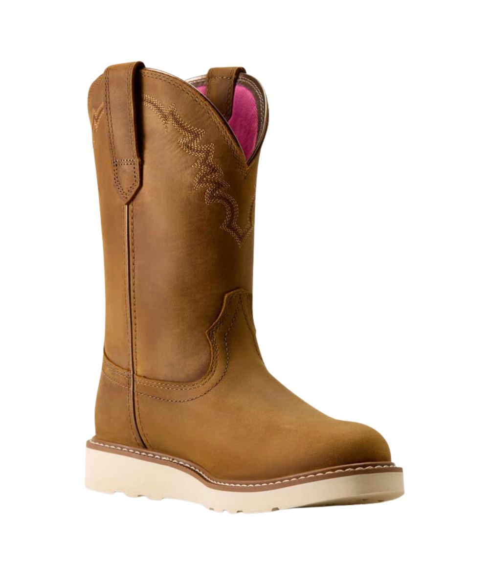 A single brown leather cowboy boot with western-style stitching, a pull tab, and a light-colored sole, shown against a plain white background.