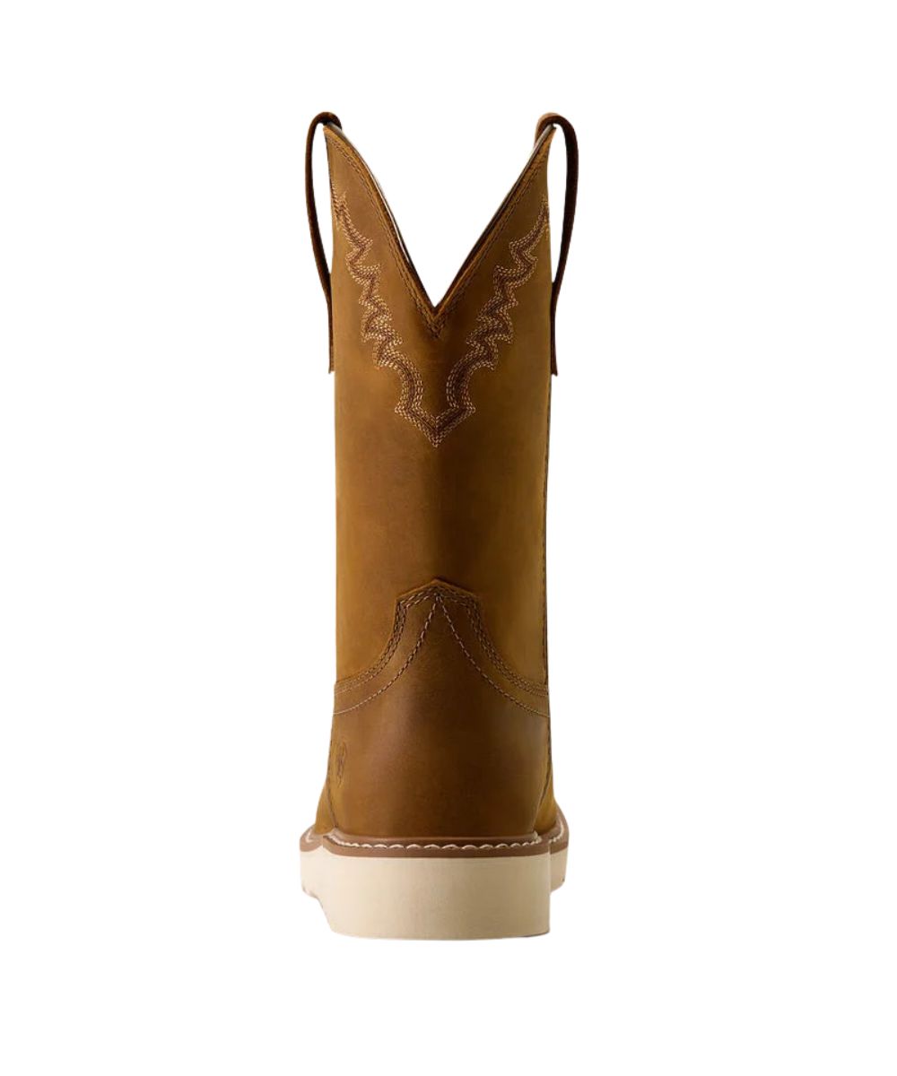 A single brown leather cowboy boot shown from the back, featuring decorative stitching and a light-colored sole, isolated on a white background.