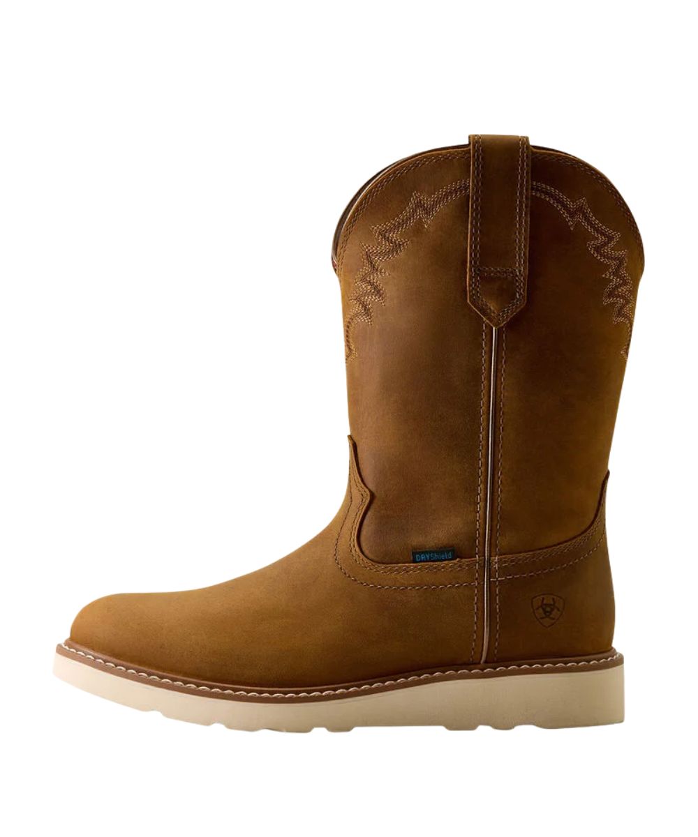 A single brown leather western-style boot with decorative stitching and a light-colored sole, shown in profile against a plain white background.
