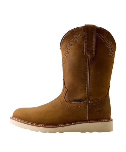 A single brown leather western-style boot with decorative stitching and a light-colored sole, shown in profile against a plain white background.