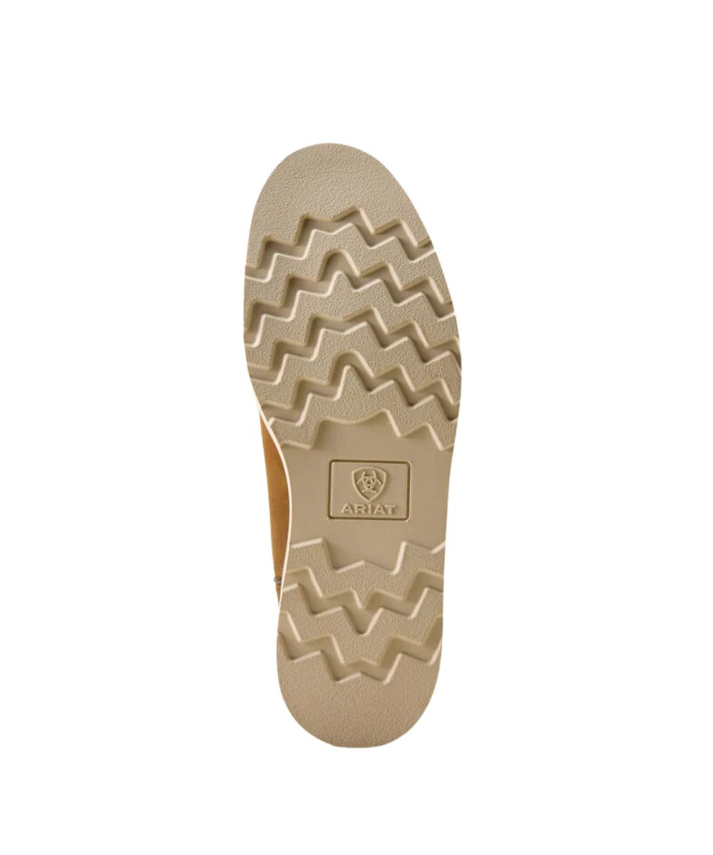 The outsole of a tan boot or shoe, featuring a zigzag tread pattern and an embossed Ariat logo, shown against a plain white background.