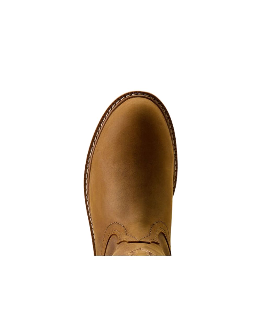 A close-up top-down view of a tan leather boot against a solid white background.
