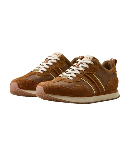 Pair view of the men's brown suede and leather sneaker featuring the 3" height, lace-up entry, and round toe