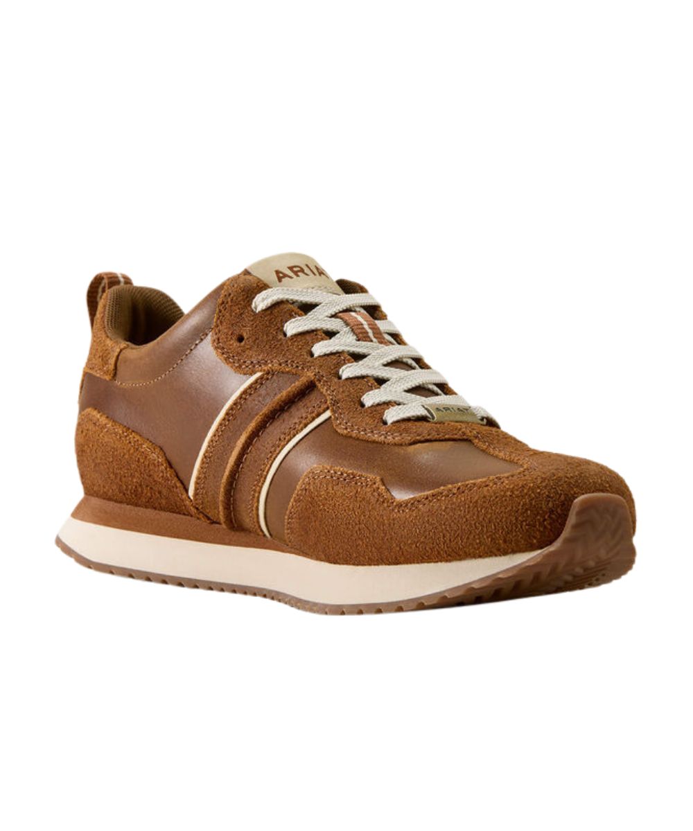 Right angled view of the men's tumble brown Ariat Ranch Runner Shoe featuring the 3" brown suede and leather upper